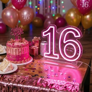 Cake Table Centerpiece | Sweet 16 Birthday Decor | Freestanding Neon Sign | Custom Number Light | 21st Birthday Sign | Tabletop Neon