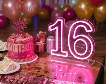 Cake Table Centerpiece | Sweet 16 Birthday Decor | Freestanding Neon Sign | Custom Number Light | 21st Birthday Sign | Tabletop Neon