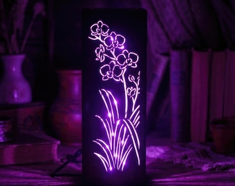 Sparkling Orchid Lamp, Kinetic Wood Art Box, Color Changing Zen Desk Decor, Biophilic Night Light, Gardener Gift for Mom