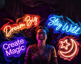 Custom Neon Sign | Design Your Own Quote | Aesthetic Bedroom Decor | Inspirational Wall Art | Moon and Star Light | Gift for Teen Girl