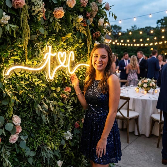 Custom Wedding Monogram Neon Sign | Personalized Couple Initials with Heart | Greenery Wall Reception Decor | Photo Booth Prop