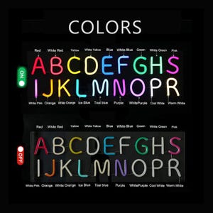 May include: A neon sign displaying the alphabet in various colors, with the word "COLORS" at the top. The sign has an "ON" and "OFF" setting, showcasing the letters illuminated in different hues like red, yellow, and blue. The sign also lists color options.