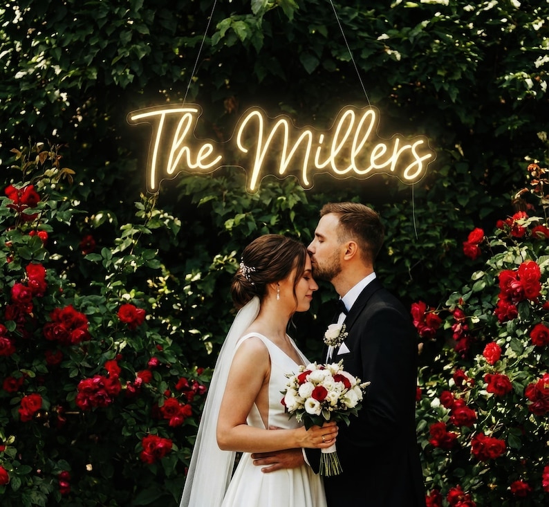 Custom Wedding Monogram Neon Sign | Personalized Couple Initials with Heart | Greenery Wall Reception Decor | Photo Booth Prop image 5