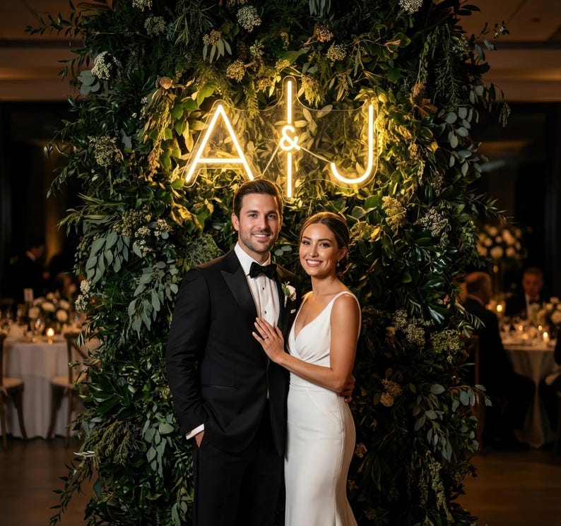 Custom Wedding Monogram Neon Sign | Personalized Couple Initials with Heart | Greenery Wall Reception Decor | Photo Booth Prop image 4