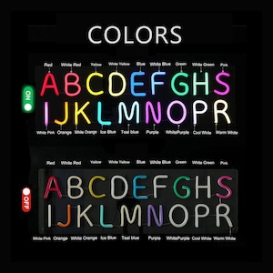 May include: A neon sign with the alphabet in various colors, including red, white, yellow, blue, green, and pink. The sign is turned on and off with a switch. The colors of the letters are labeled below the sign.