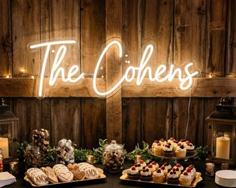 Custom Neon Sign Wedding Last Name | Rustic Reception Decor | Mr and Mrs Light Up Wall Art | Personalized Bridal Shower Gift Backdrop