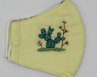 Unique Cactus Hand Embroidered Linen Face Mask, Washable Reusable, Natural linen breathable,Anti-Dust,100% cotton-Comfortable,Handmade 46