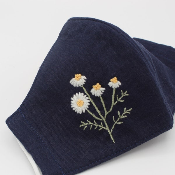 White Daisy Flower Hand Embroidered Linen Face Mask, Washable Reusable, Natural linen breathable,Anti-Dust,100% cotton-Comfortable, mask M59