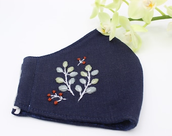 Leaves Hand Embroidered Linen Face Mask, Washable Reusable, Natural linen breathable,Anti-Dust,100% cotton-Comfortable,Handmade M57