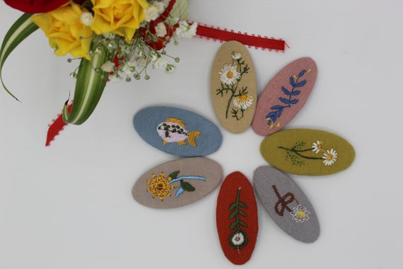 Embroidered Linen Hair Clips: Floral Barrettes, Set of 7 - Etsy display picture 3