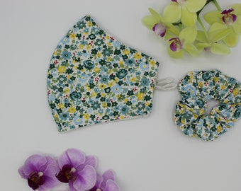 Floral Face Mask and Scrunchie Set: Handmade 100% Cotton