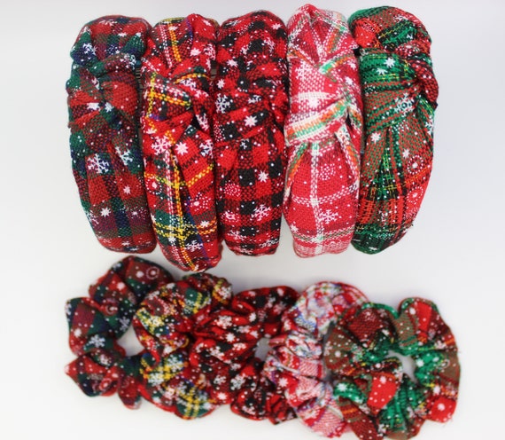 Christmas Headband Scrunchie Set: Knotted Plaid Fabric Hair  display picture 3