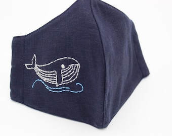 Hand Embroidered Whale Linen Face Mask: Reusable Cotton Mask