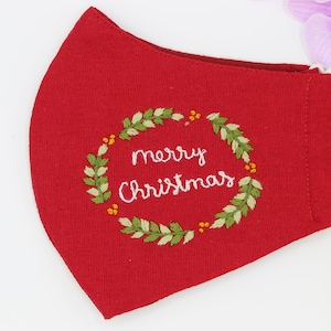 Red Christmas wreaths mask, Hand Embroidered Linen Face Mask, Washable Reusable, Natural linen breathable,Anti-Dust,100% cotton-Comfortable
