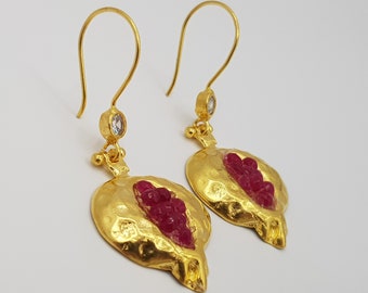 Pomegranate earrings. Deep red dangle earrings. 22K gold plated brass with semiprecious stones.