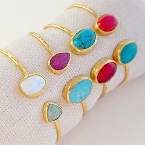 Open Bangle Charms Multistone bracelet. Hammered 22k Gold plated brass. Turkish jewelry.