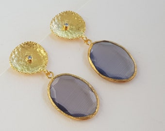 Handmade hammered dangle earrings. Ethnic glass drop earrings. 22K gold plated brass in Ottoman style.
