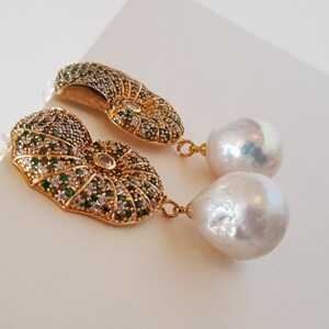Cubic zirconia pearl earrings. Ammonite earrings. Unique Handmade jewelry. 22K gold plated brass.