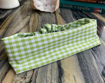 headband 100% cotton lime green gingham elasticated back beetlejuice inspired