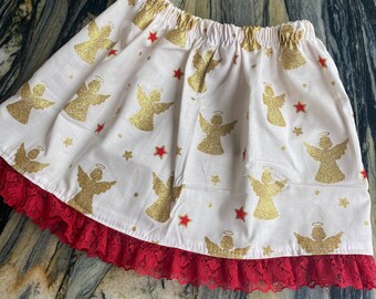 Handmade Children's Christmas Skirt Gold Glitter Angels With Red Lace Trim