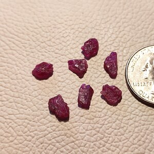 Peut inclure: Sept petites pierres précieuses de rubis rouge rugueuses sur une surface texturée brun clair. Un quart de dollar américain est inclus pour l'échelle.
