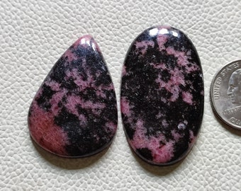 May include: Two cabochon gemstones, one oval and one teardrop shaped, with a black and pink marbled pattern. The stones are approximately the size of a US quarter.