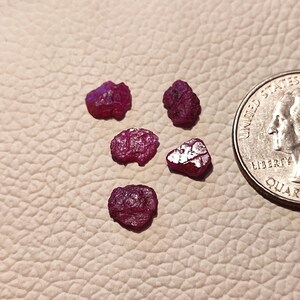 May include: Five small, rough, red ruby gemstones, with a US quarter for scale.