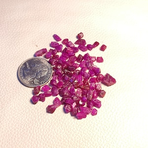 Puede incluir: Un conjunto de pequeñas gemas de rubí en bruto de diversas formas y tamaños. Las gemas de color rojo-rosa oscuro están dispersas junto a una moneda de veinticinco centavos estadounidense, como referencia de tamaño. Las gemas están sobre una superficie blanca.