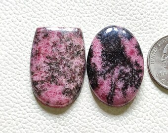 May include: Two pink and black oval-shaped cabochon gemstones. The stones are approximately the size of a US quarter.