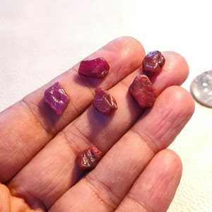 Puede incluir: Seis pequeñas piedras preciosas de rubí rojo sin pulir de diferentes formas y tamaños. Las piedras preciosas se sostienen en la mano de una persona.