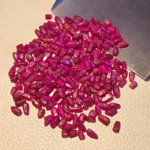 May include: A pile of raw, uncut ruby gemstones. The gemstones are a deep, vibrant red color and have a rough, natural texture. A silver metal tool is partially visible in the upper right corner. The gemstones are scattered across a light-colored surface.