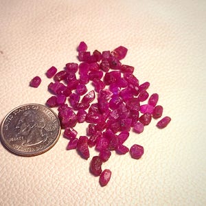 Könnte beinhalten: Ein Haufen kleiner, rauer, rosafarbener Rubin-Edelsteine. Die Edelsteine sind auf einer weißen Oberfläche neben einer US-amerikanischen Viertel-Dollar-Münze verstreut.