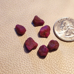 Könnte beinhalten: Sechs kleine, raue, dunkelrosa Rubin-Edelsteine. Die Edelsteine sind etwa so groß wie eine US-amerikanische 25-Cent-Münze.