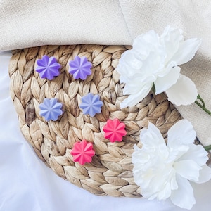 Può includere: Cinque cere di cera a forma di stella, due sono viola, due sono rosa e una è rossa. Le cere sono su un tappetino di vimini intrecciato con fiori bianchi.