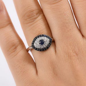 Evil Eye blue sapphire and diamond CZ Ring 925 sterling silver Protection Band Ring PREMIUM Chunky Evil Eye Ring