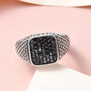 Mens black diamond ring, Mens Black ring, Mens Signet ring, Pave diamond ring, Heavy mens ring, Gift for Husband, Silver Black Diamond ring