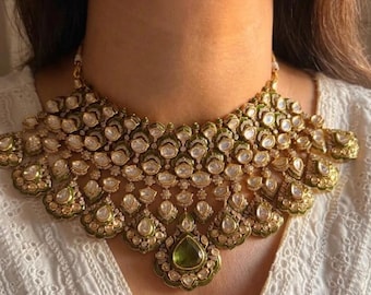 Mint Emerald Polki Necklace Kundan Jadau Necklace Sabyasachi Jewelry Bridal Polki Gold Indian Necklace With Earring