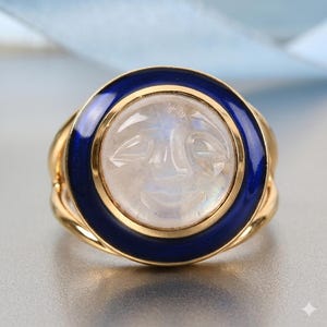 Ansiktsring med naturlig månsten, guldmånering, snidad bohemisk ring, snidad månstensring, ring med organisk pärlemor, 12 mm månansiktsring