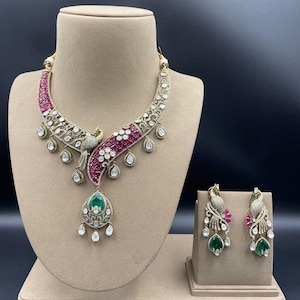 ADIRA Emerald Ruby Peacock Diamond Kundan Polki Necklace Victorian Jadau Collar Choker Set, Polki jewelry Kundan necklace Sabyasachi jewelry