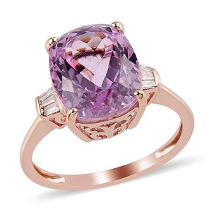 Anel baguete de ametista e diamante com corte almofada, anel de ametista em ouro rosa, anel de declaração de ametista rosa Rose De France em prata esterlina