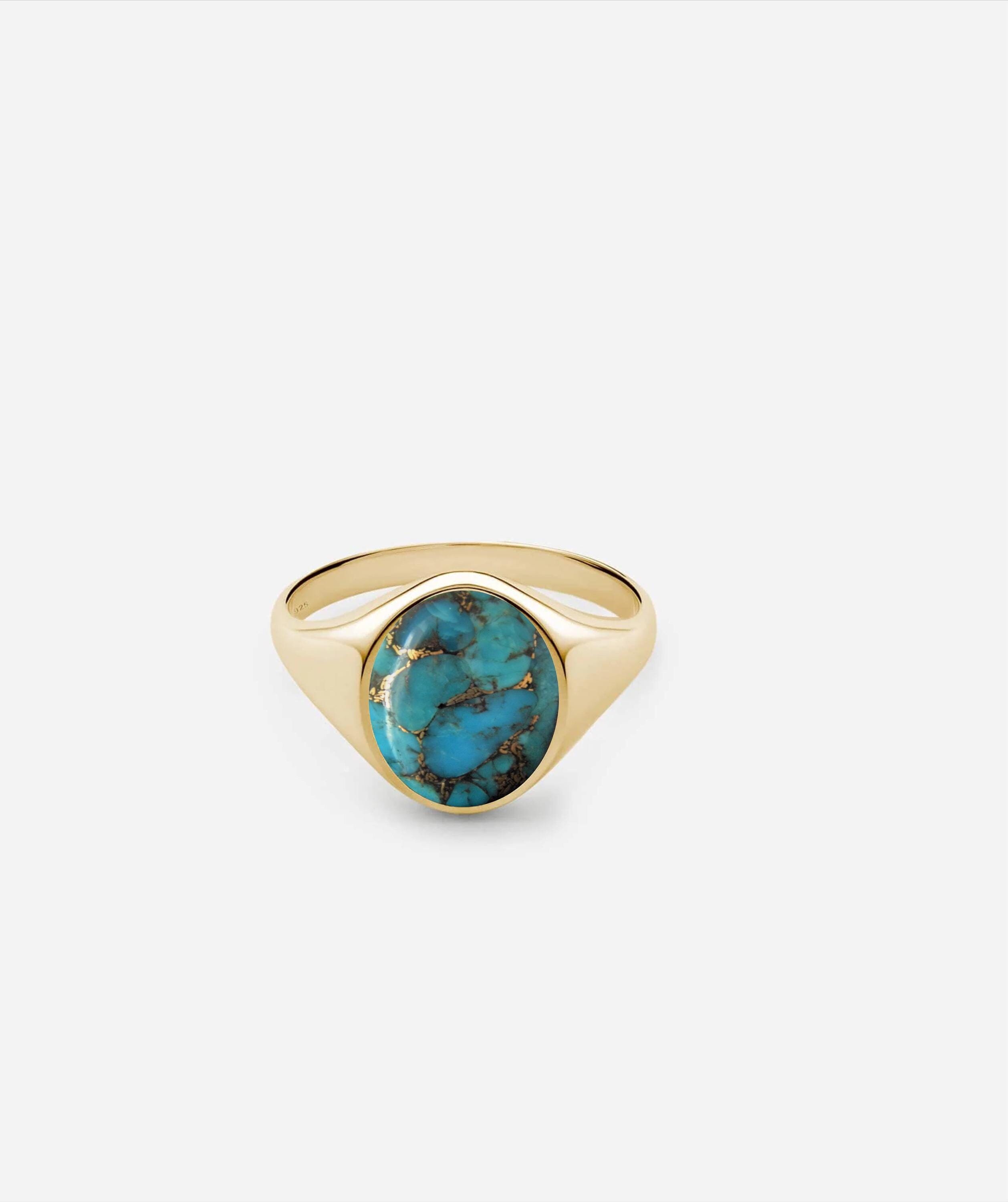 Bague Réglable En Argent Massif 925 Avec Turquoise D'Arizona Ronde 21mm - 28 Carats (Neuf)