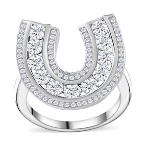 Sterling Silver Lucky Horseshoe Ring: Simulated Diamond Equestrian Jewelry