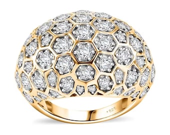 May include: A gold ring with a dome-shaped top covered in small, clear stones set in a hexagonal pattern. The ring is marked with "925" on the inside band.