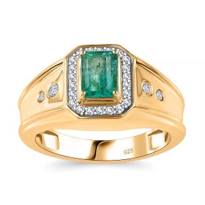 Men&#39;s Emerald Diamond Gold Ring 925 Sterling silver Emerald Halo engagement wedding Proposal Band Heavy octagon shape zambian emerald Ring