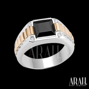 Mens Black Onyx Signet Ring, Simple ring for mens, Onyx pinky Ring, two tone engagement ring, Black signet ring, Black stone ring, silvering