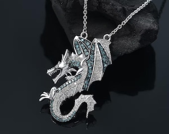 Silver Dragon Pendant, Chinese Dragon Necklace for Men 925 Sterling Silver Moissanite Diamonds Iced Out Jewelry, Hip Hop Biker Rapper Gift