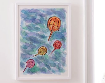Impressão artística: Mãe caranguejo-ferradura e 3 bebês no mar | Ilustração de desenho de lápis de cor de caneta aquarela | Decoração de parede infantil de animais fofos