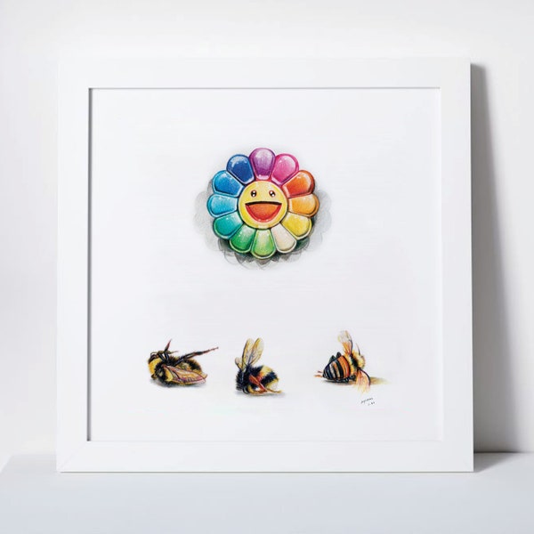 Art Print: Dying bees with artificial plastic Japanese Takashi Murakami flower | Original color pencil conceptual modern drawing wall decor