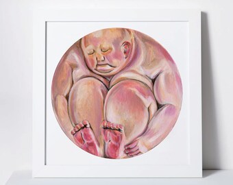 Art Print: Chubby Asian Buddha Man Rolling like a Round Bowling Ball | Original Acrylic Painting | Funny Cute Unique Conceptual Wall Art