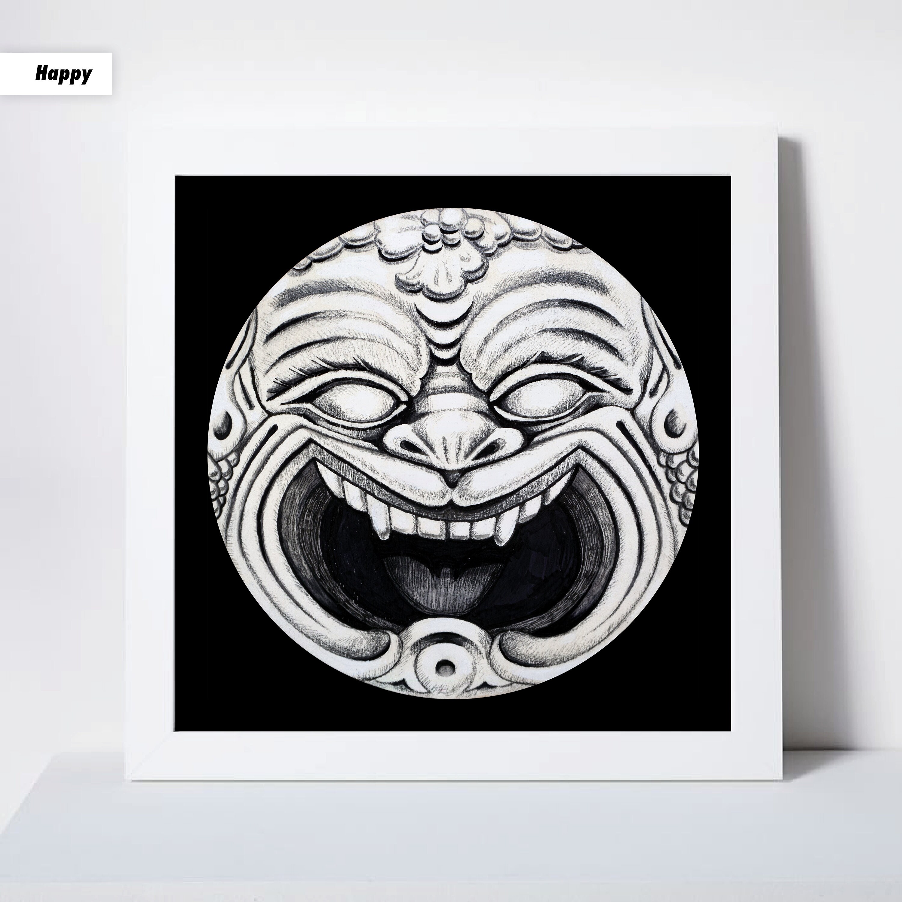 3 Art Prints: Sad Happy Angry Gargoyle Faces | Original Mixed Media ...